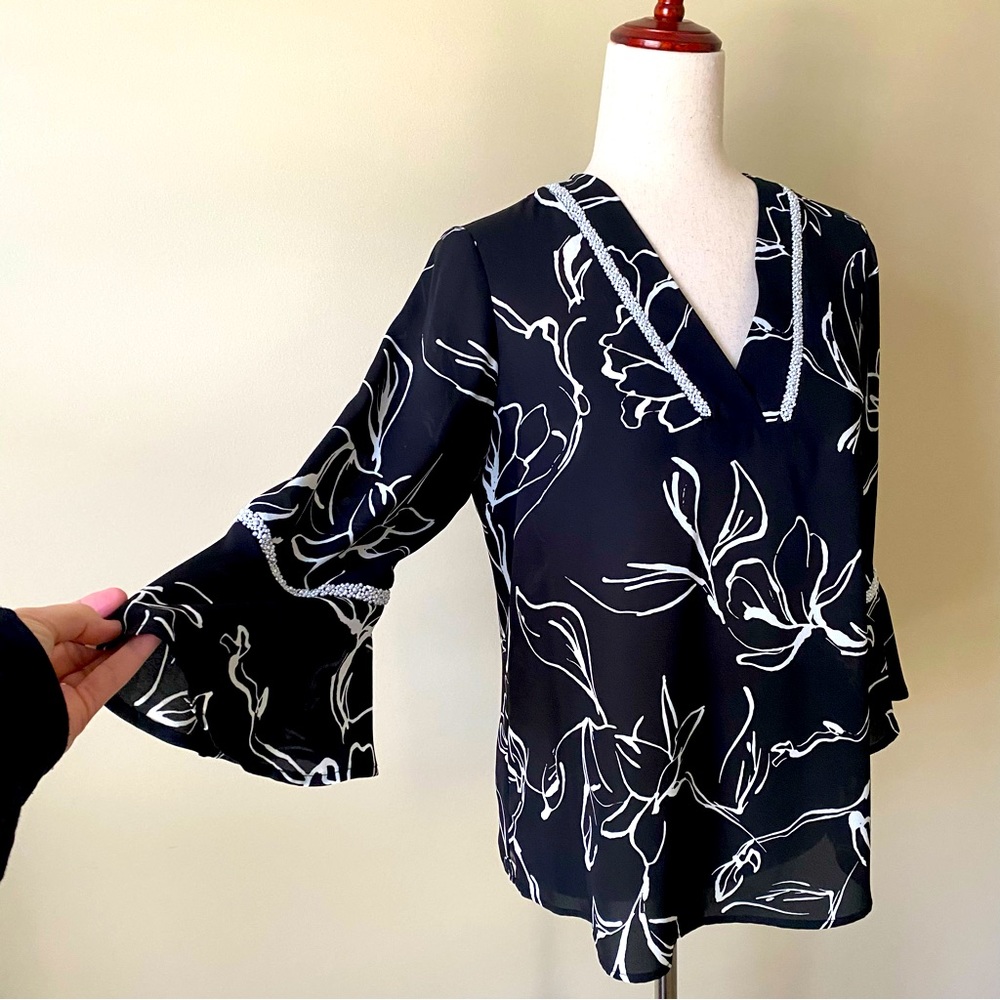 KARL LAGERFELD Black & White Top, Pearl-Like Decoration on Neckline & Sleeve (S)